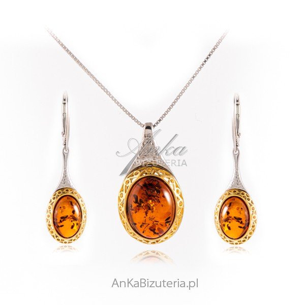 ankabizuteria.pl Srebrny komplet z bursztynem pozłacany ELEGANCKA biż