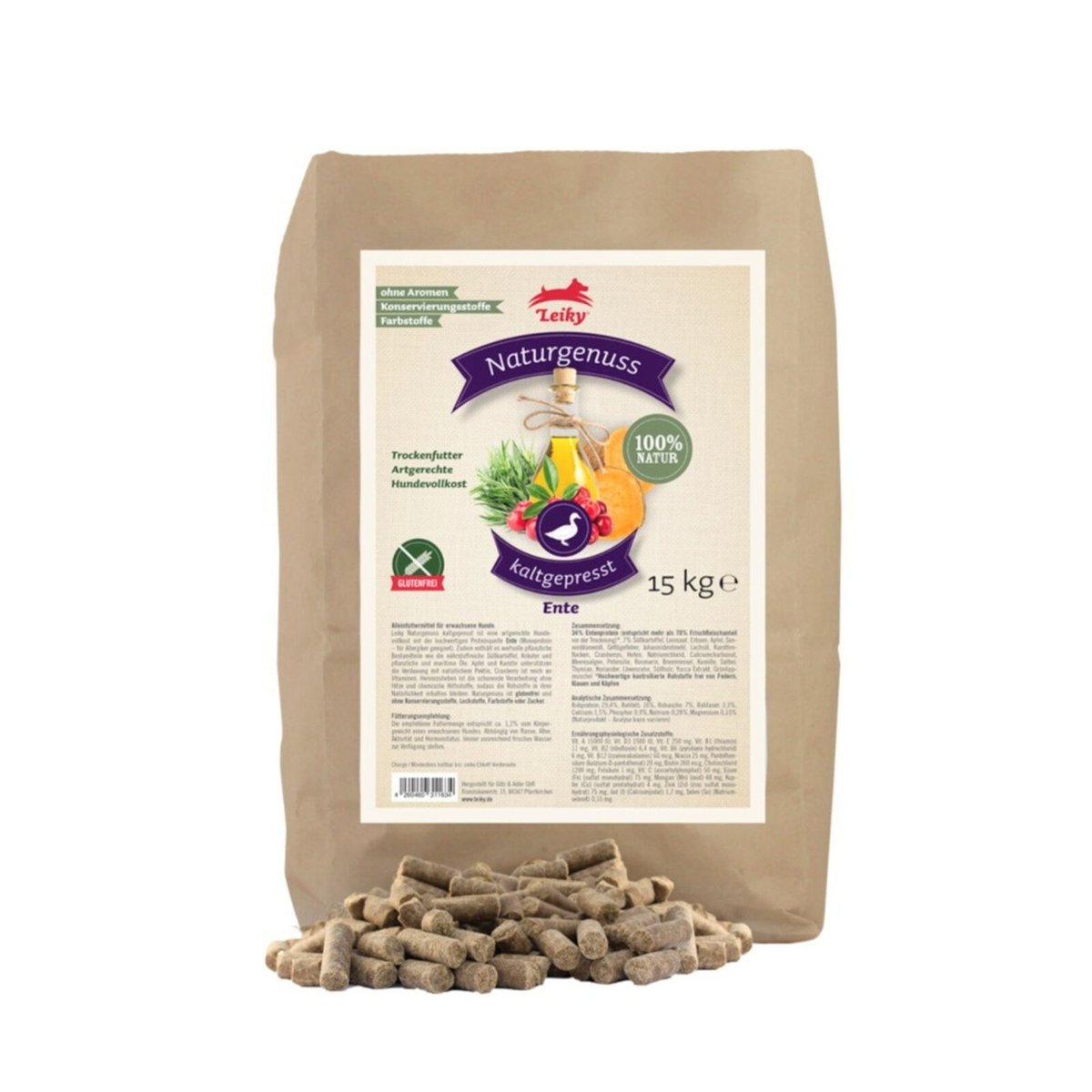 Kaczka z batatami dla psa naturalne suplementy karma tłoczona na zimno Leiky Naturgenuss 15 kg