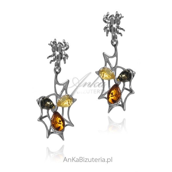 ankabizuteria.pl Kolczyki srebrne z bursztynem PAJĘCZYNA