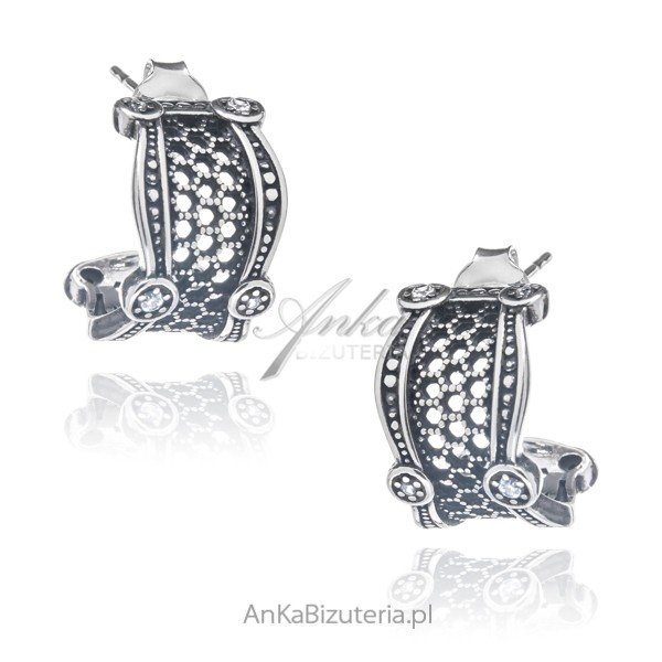 ankabizuteria.pl Kolczyki srebrne oksydowane ażurowe z białą cyrkoni