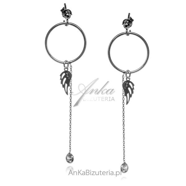 ankabizuteria.pl Kolczyki srebrne wiszące kółka z cyrkonią i skrzydeł