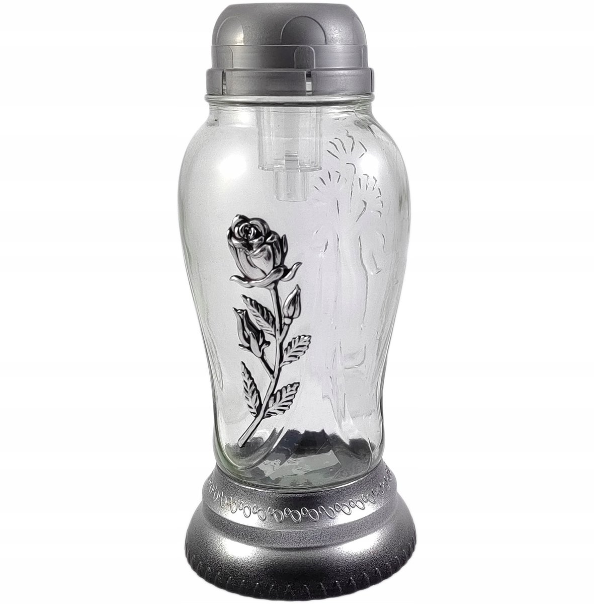 Nowoczesny Znicz Solarny Srebrny Z Różą Szklany Lampion Solarny 25Cm