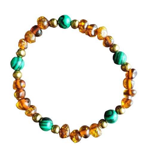 ankabizuteria.pl Bransoletka z bursztynem i malachitem z pozłacanego