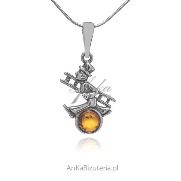 ankabizuteria.pl Srebrna zawieszka KOMINIARZ na szczęście z bursztyne