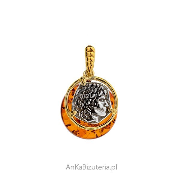 ankabizuteria.pl Srebrny pozłacany wisiorek z bursztynem GRECKA MASKA
