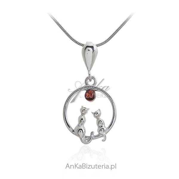 ankabizuteria.pl Srebrna zawieszka z bursztynem KOTKI O ZACHODZIE SŁO