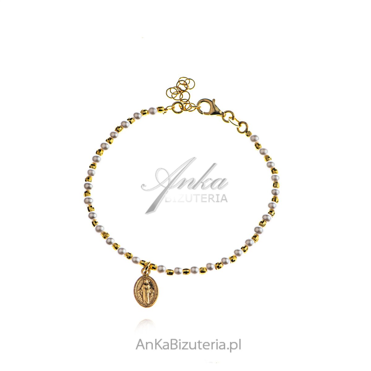 ankabizuteria.pl Bransoletka srebrna pozłacana z białymi perełkami