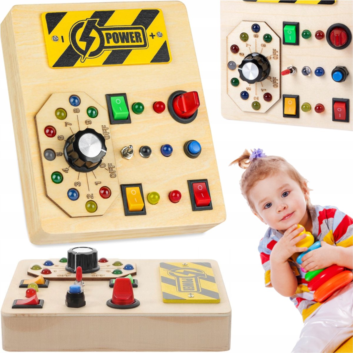 DREWNIANA TABLICA SENSORYCZNA Z PRZEŁĄCZNIKAMI LED MANIPULACYJNY ZESTAW XL