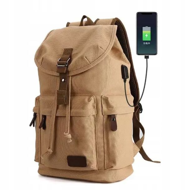 Plecak Miejski Retro Vintage Płócienny Damski Męski Kieszeń na laptopa USB