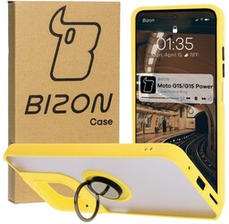 Bizon Etui z uchwytem na palec Case Hybrid Ring do Motorola Moto G15 / G15 Power, przydymione z żółtą ramką