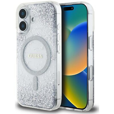 Etui GUESS HC Resin Bottom Glitter MagSafe do Apple iPhone 16 Srebrny