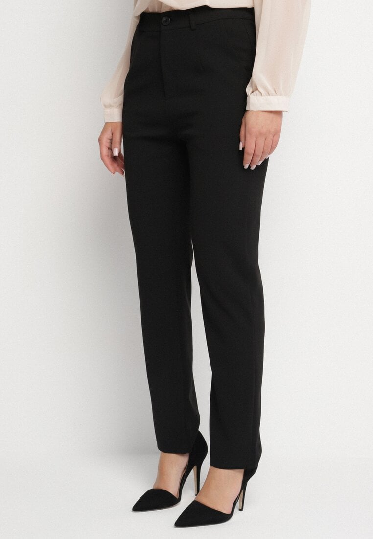 Czarne Spodnie Garniturowe z Wiskozą z Wysokim Stanem i Kieszeniami Senolira
