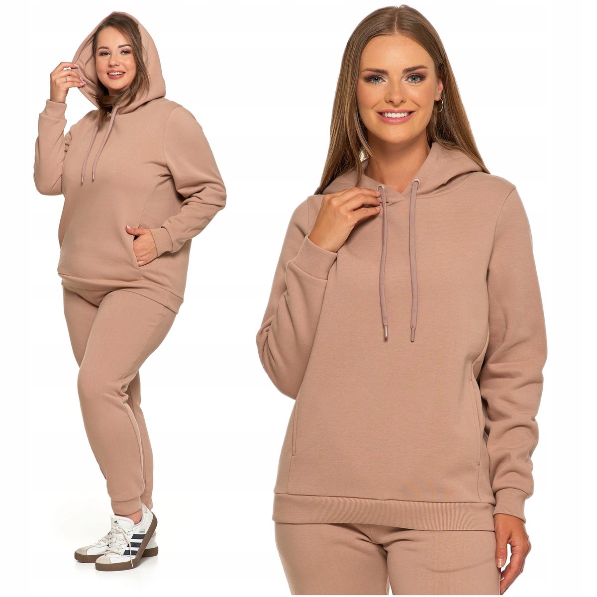 Ciepła BLUZA DAMSKA z Kapturem Dresowa Beżowa Klasyczna Gładka MORAJ L
