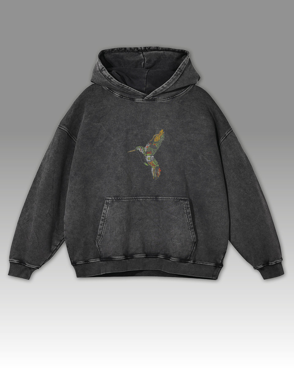 Bluza z Kolibrem Haft Oversize Sprana Kolorowy Ptak Grafitowy M