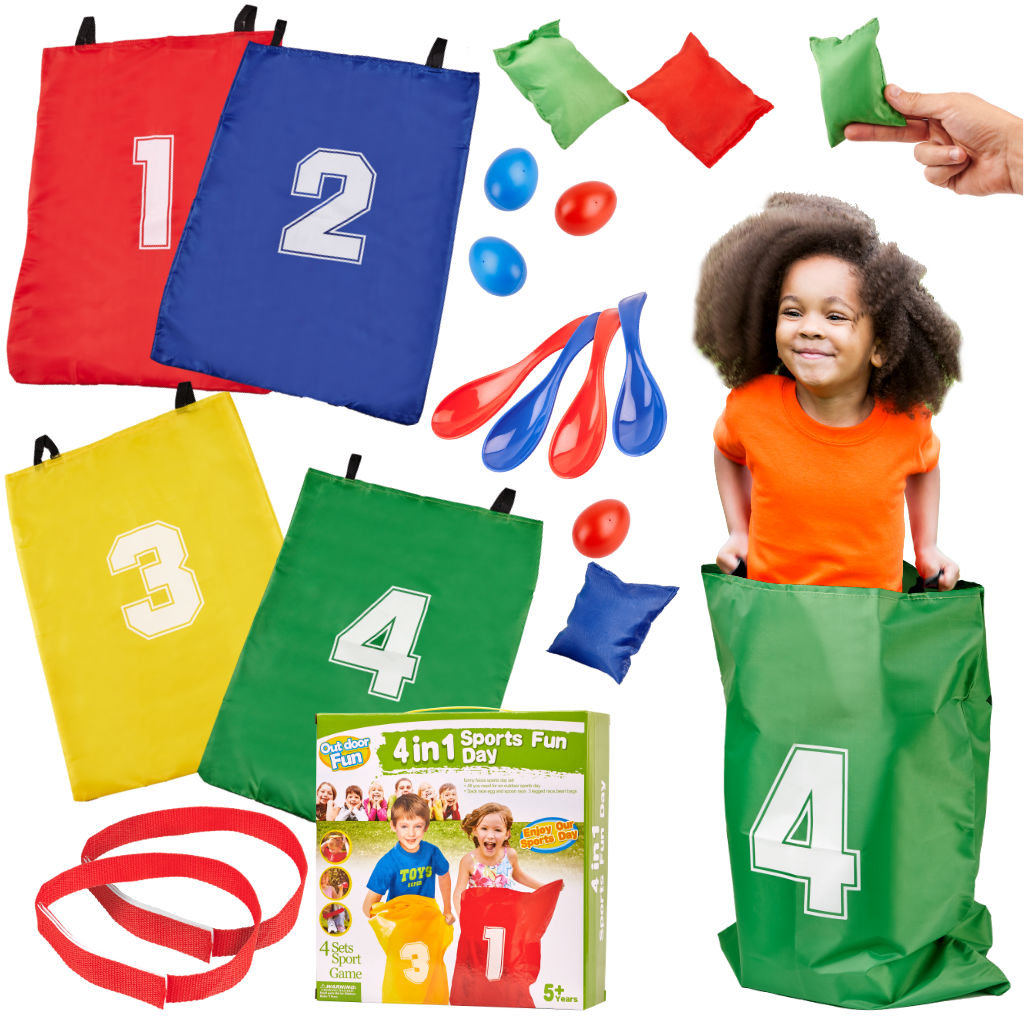 Zestaw sportowy animacyjny 4w1 woreczki szarfy worki jajka łyżki