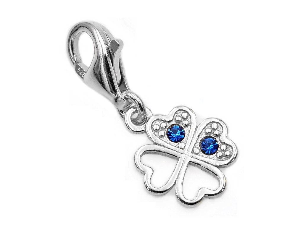 Zawieszka do bransoletki charms srebrnymała koniczynka szafir