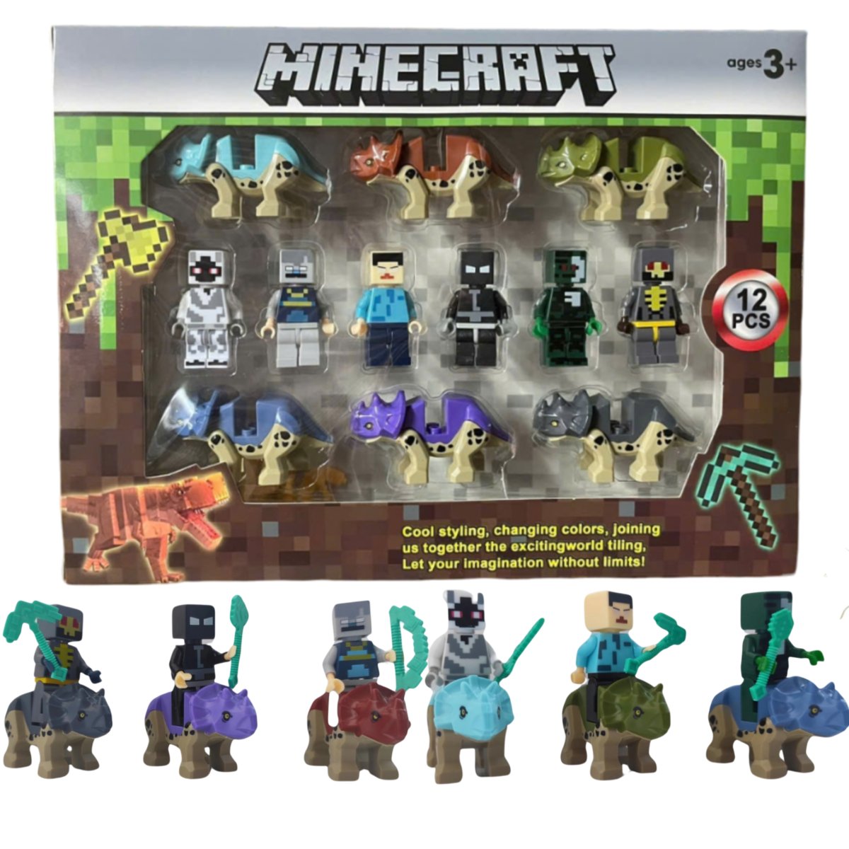 12 szt -- Minecraft Klocki MINI FIGURKI 12 SZT + AKCESORIA DUŻY ZESTAW LUDZIKI DZIECI