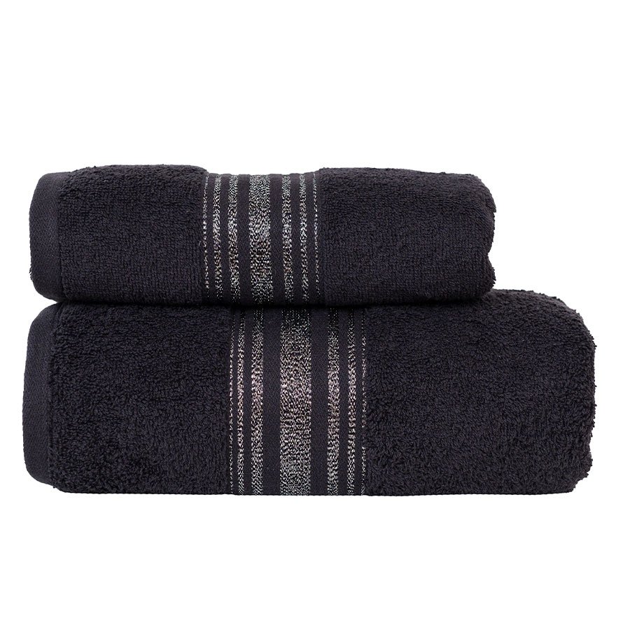 Czarny ręcznik bawełniany z ozdobną bordiurą z nabłyszczanej srebrnej nici, Oskar, rozmiar: 70x140 cm