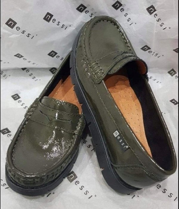 Nessi 76506 zielone khaki mokasyny półbuty damskie skóra lakierowana r.36