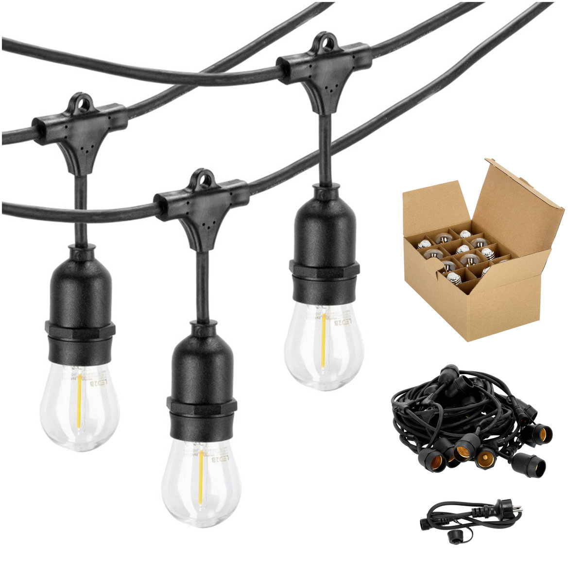 Girlanda ogrodowa zewnętrzna łańcuch świetlny LED 15m + 15 żarówek 1W 3000K