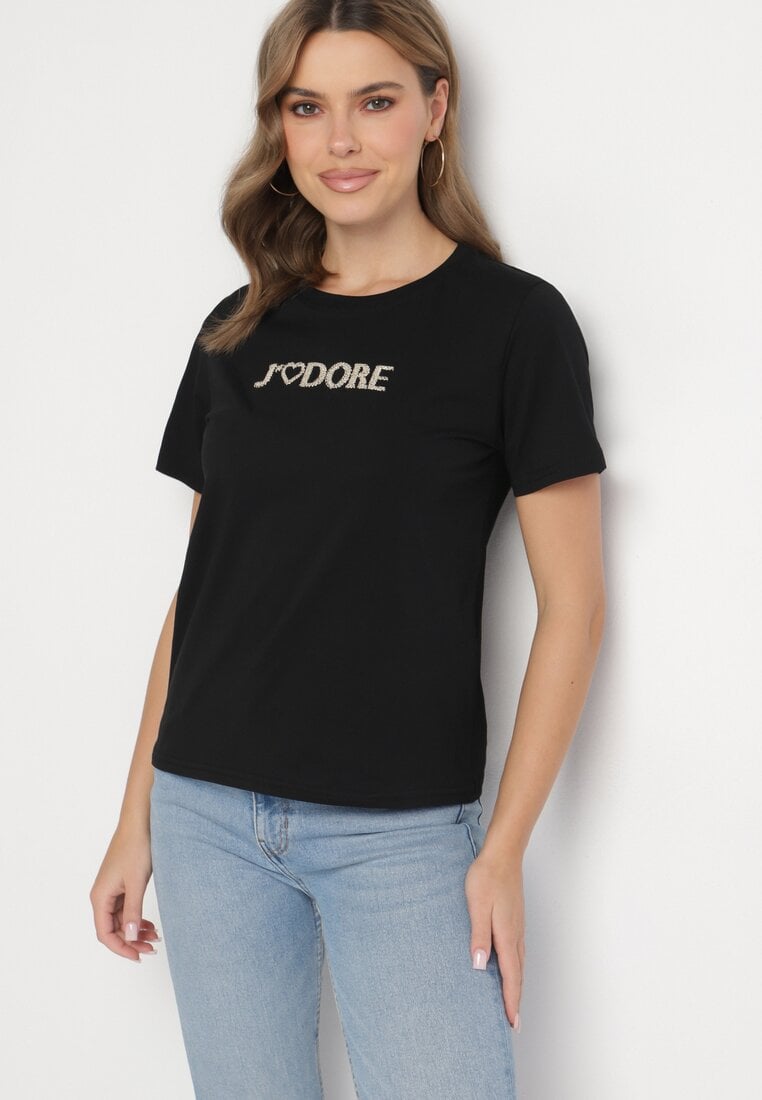 Czarny Bawełniany T-shirt Ozdobiony Napisem Nalaviraen
