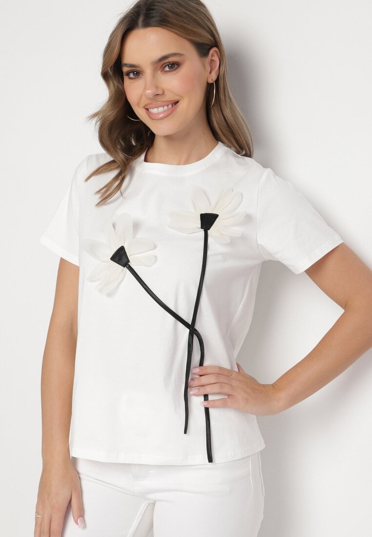 Biały T-shirt z Bawełny Ozdobiony Kwiatami Marionis