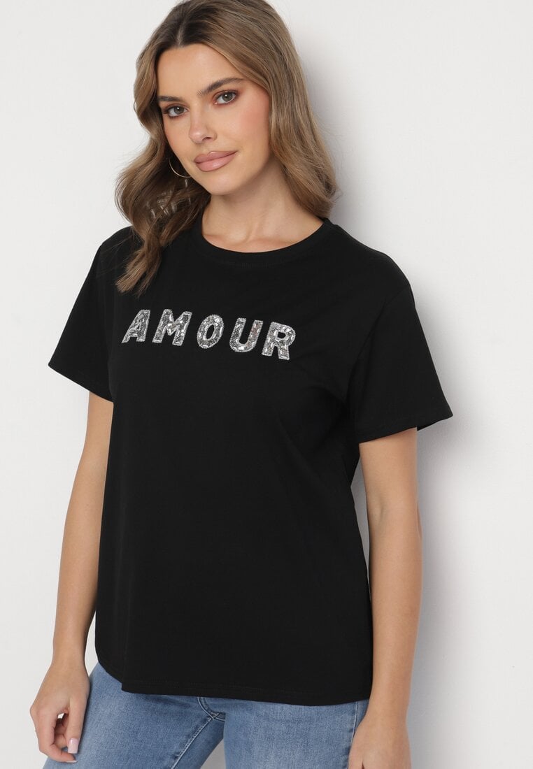 Czarny T-shirt z Bawełny Ozdobiony Haftowanym Napisem z Cekinami Marisiana