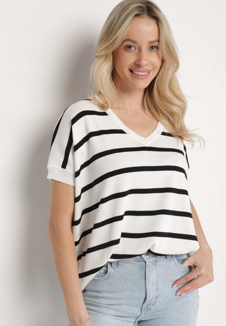 Biała Bluzka o Kroju Nietoperza w Paski Nolvesin