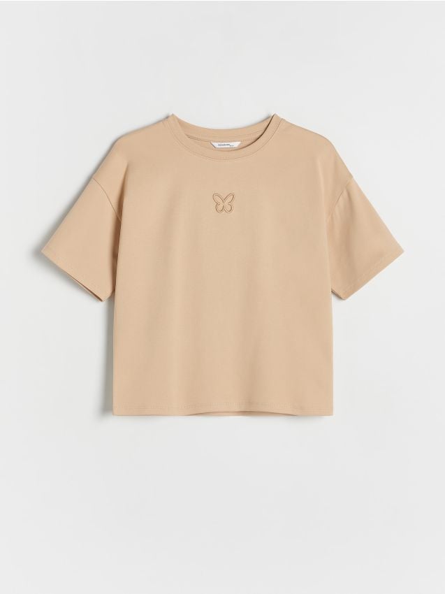 Reserved - Bawełniany t-shirt z haftem - beżowy