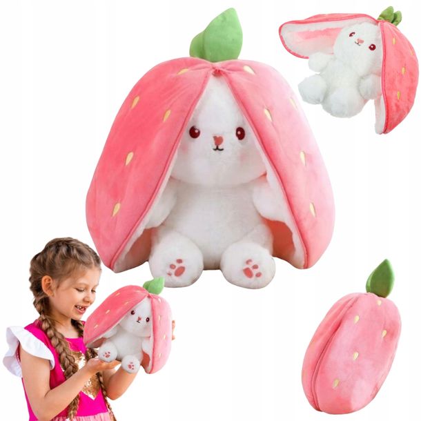 Maskotka Króliczek W TRUSKAWCE KRÓLIK ZAJĄC PLUSZAK MIŚ 2w1 RÓŻOWY 25cm