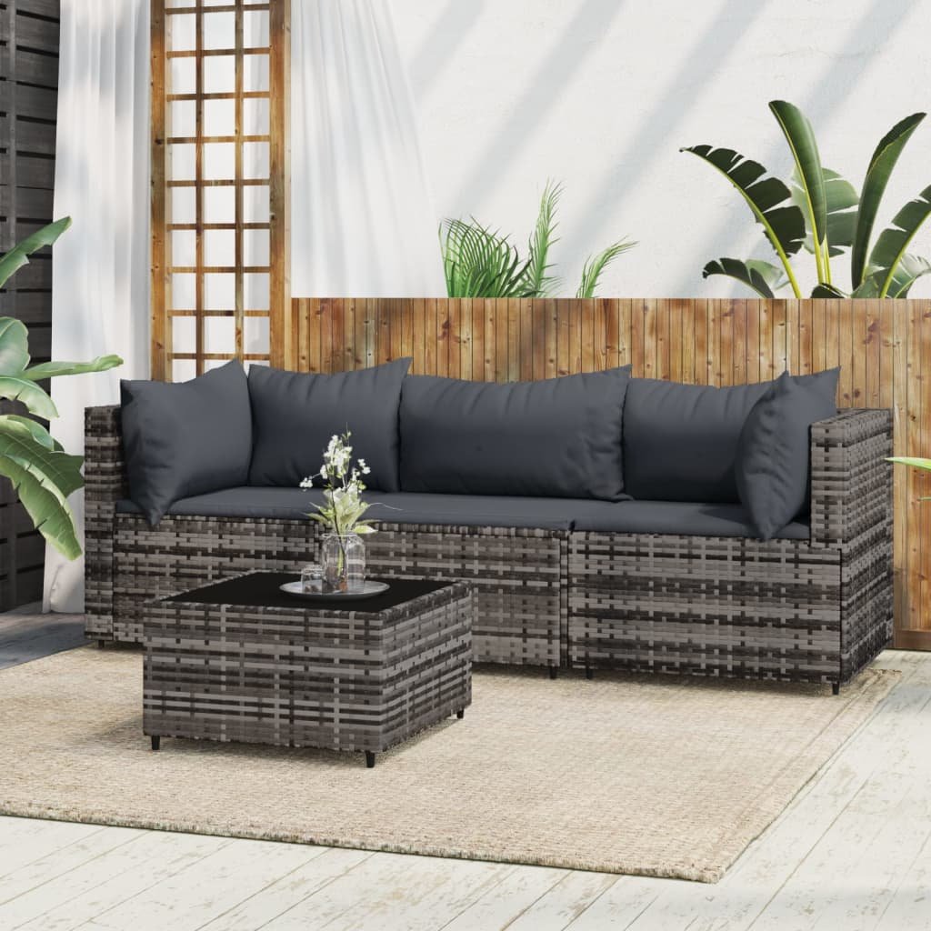 The Living Store 4-cz. zestaw wypoczynkowy do ogrodu - poduszki - szary rattan PE - Zestaw Wypoczynkowy Do Ogrodu