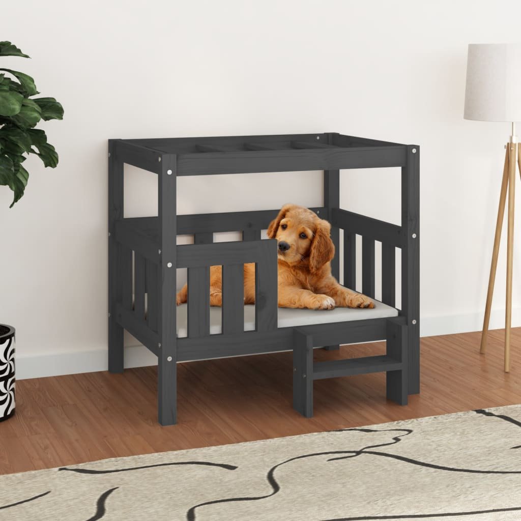 The Living Store Legowisko dla psa - szare - 75 -5x63 -5x70 cm - lite drewno sosnowe - Legowisko