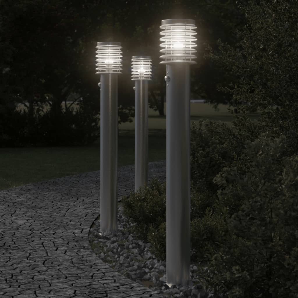 The Living Store Lampy ogrodowe na słupku - z czujnikiem - 3 szt. - srebrne - 110 cm - Lampa Ogrodowa