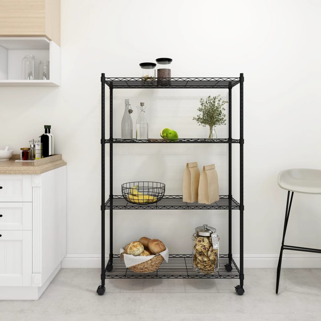 The Living Store 4-poziomowy regał na kółkach - 90x35x142 cm - czarny - 200 kg - Regał Magazynowy
