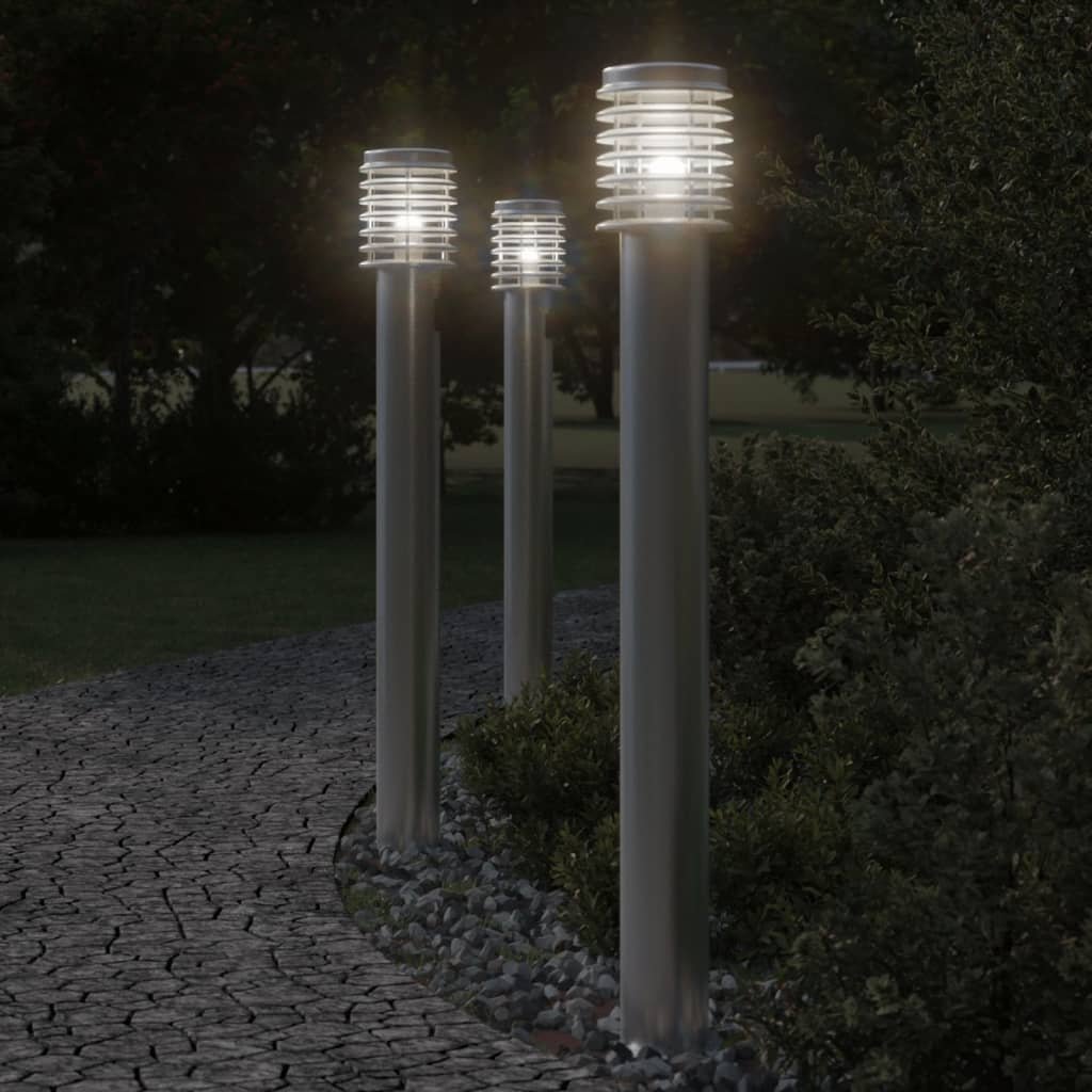 The Living Store Lampy ogrodowe na słupku - 3 szt. - srebrne - 110 cm - stal - Lampa Ogrodowa