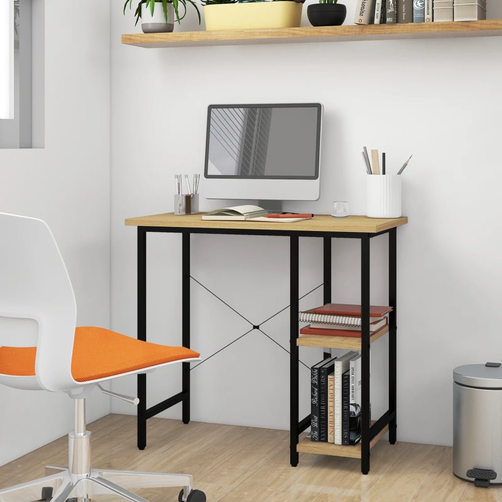 The Living Store Biurko komputerowe - czerń i jasny dąb - 80x40x72 cm - MDF i metal - Biurko