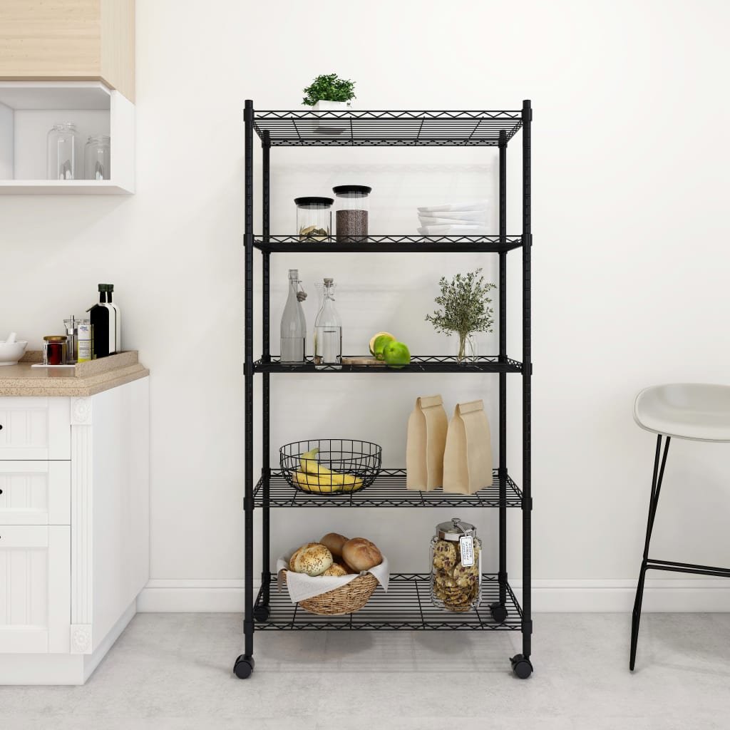 The Living Store 5-poziomowy regał na kółkach - 75x35x155 cm - czarny - 250 kg - Regał Magazynowy