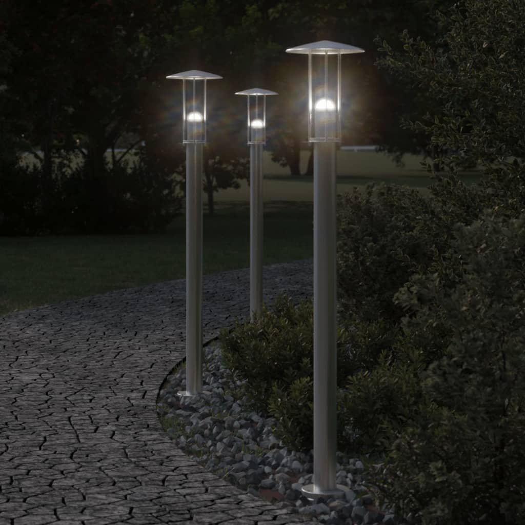 The Living Store Lampy ogrodowe na słupku - 3 szt. - srebrne - 100 cm - stal - Lampa Ogrodowa