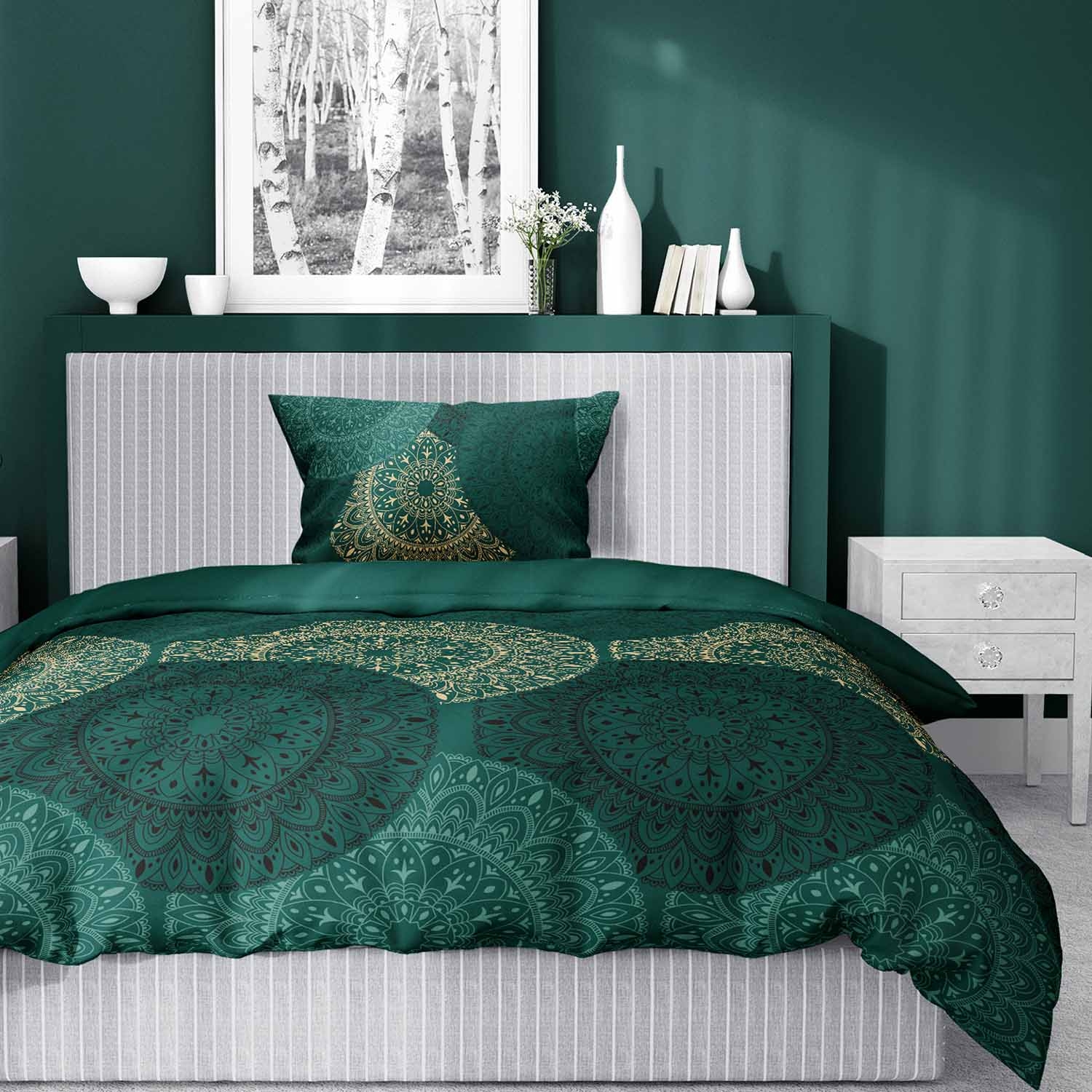 Pościel satynowa 140 x 200 cm Home Satin, zielona w mandale