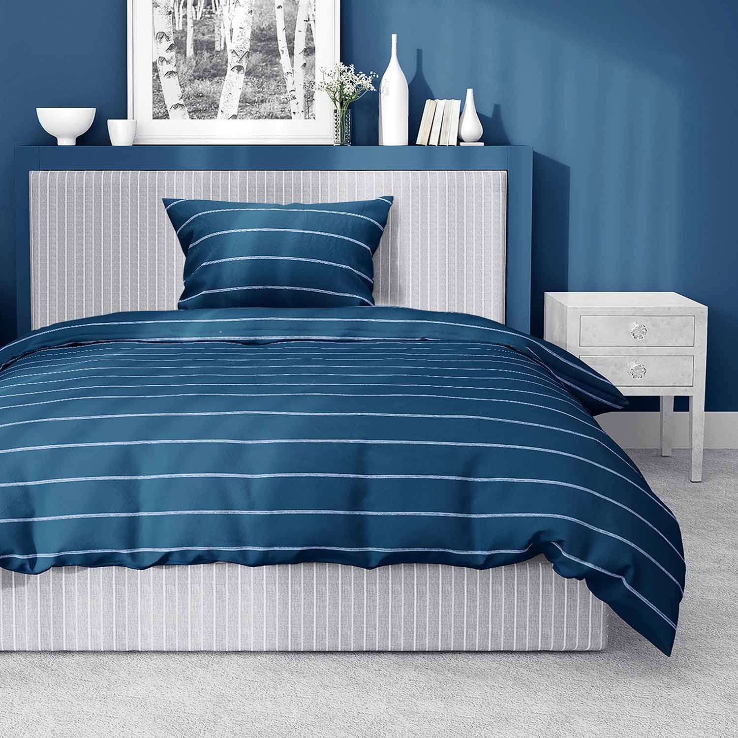 Pościel satynowa 140 x 200 cm Home Satin, niebieska w paski