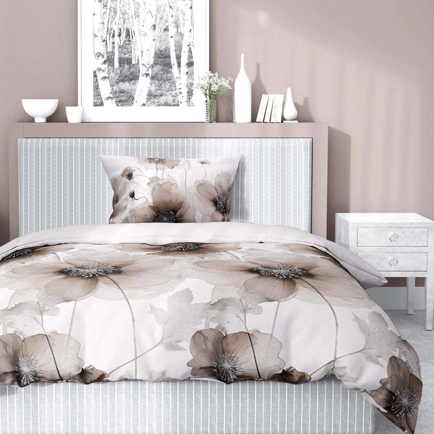 Pościel satynowa 140 x 200 cm Home Satin, beżowa w duże kwiaty