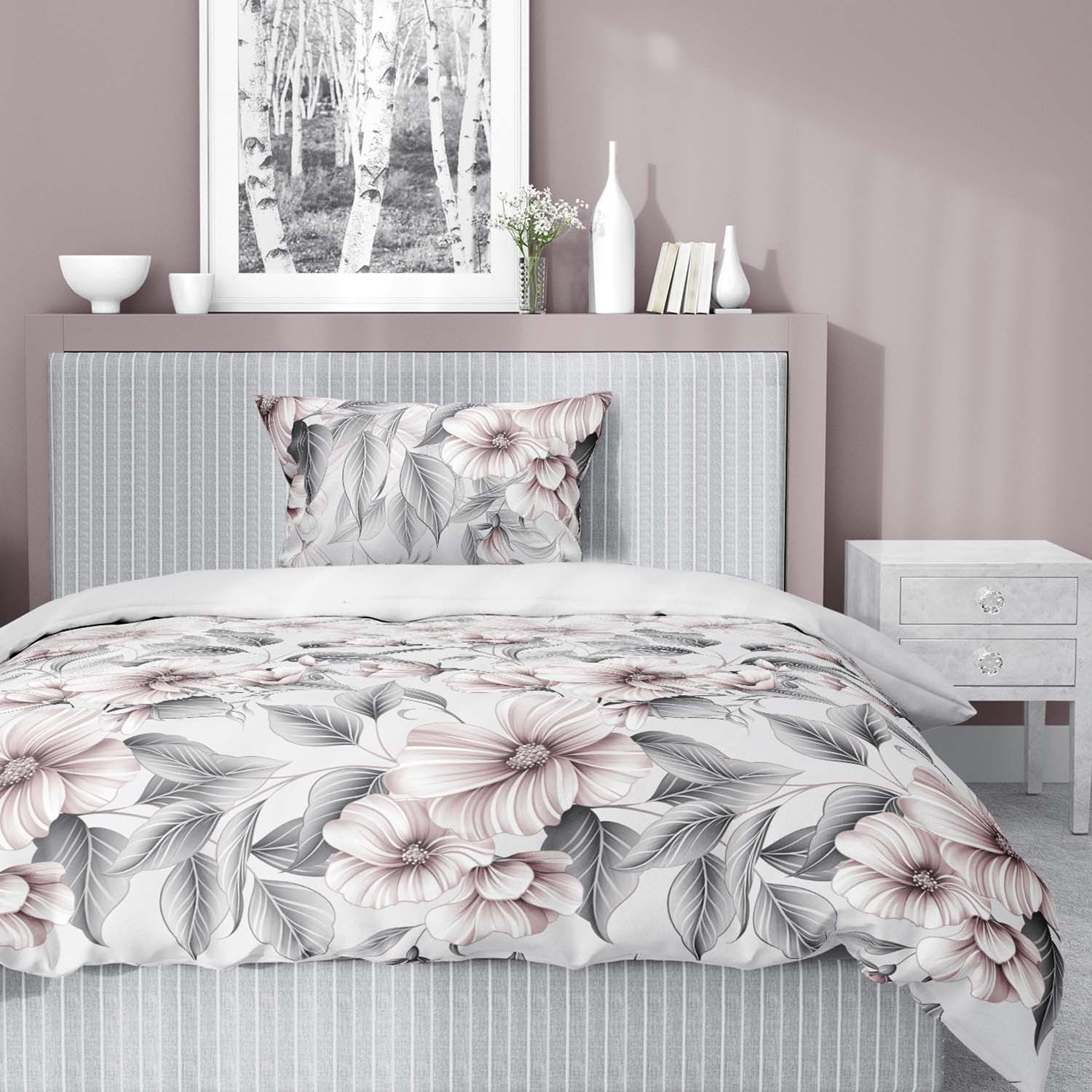 Pościel satynowa 140 x 200 cm Home Satin, szara w kwiaty