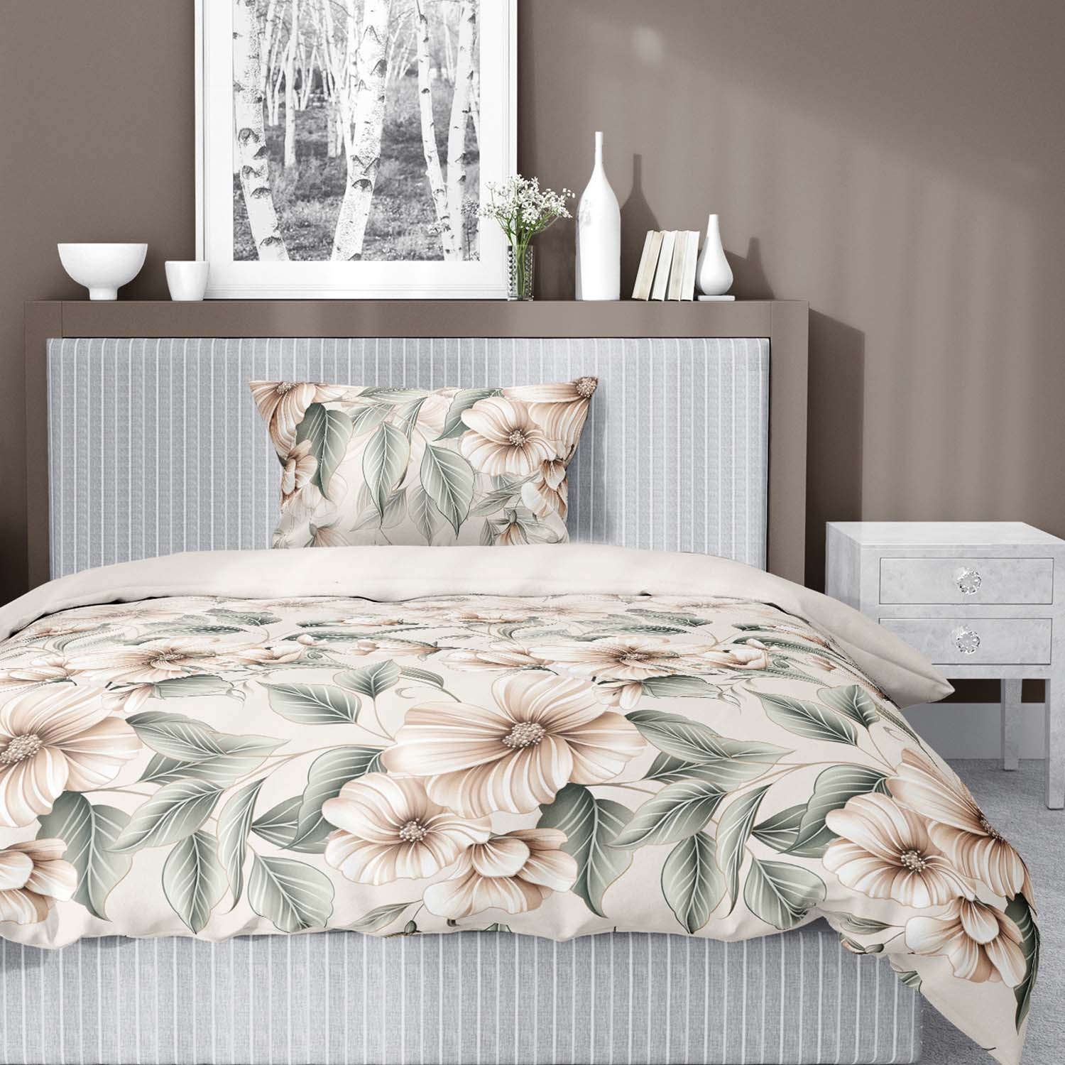 Pościel satynowa 140 x 200 cm Home Satin, beżowa w kwiaty