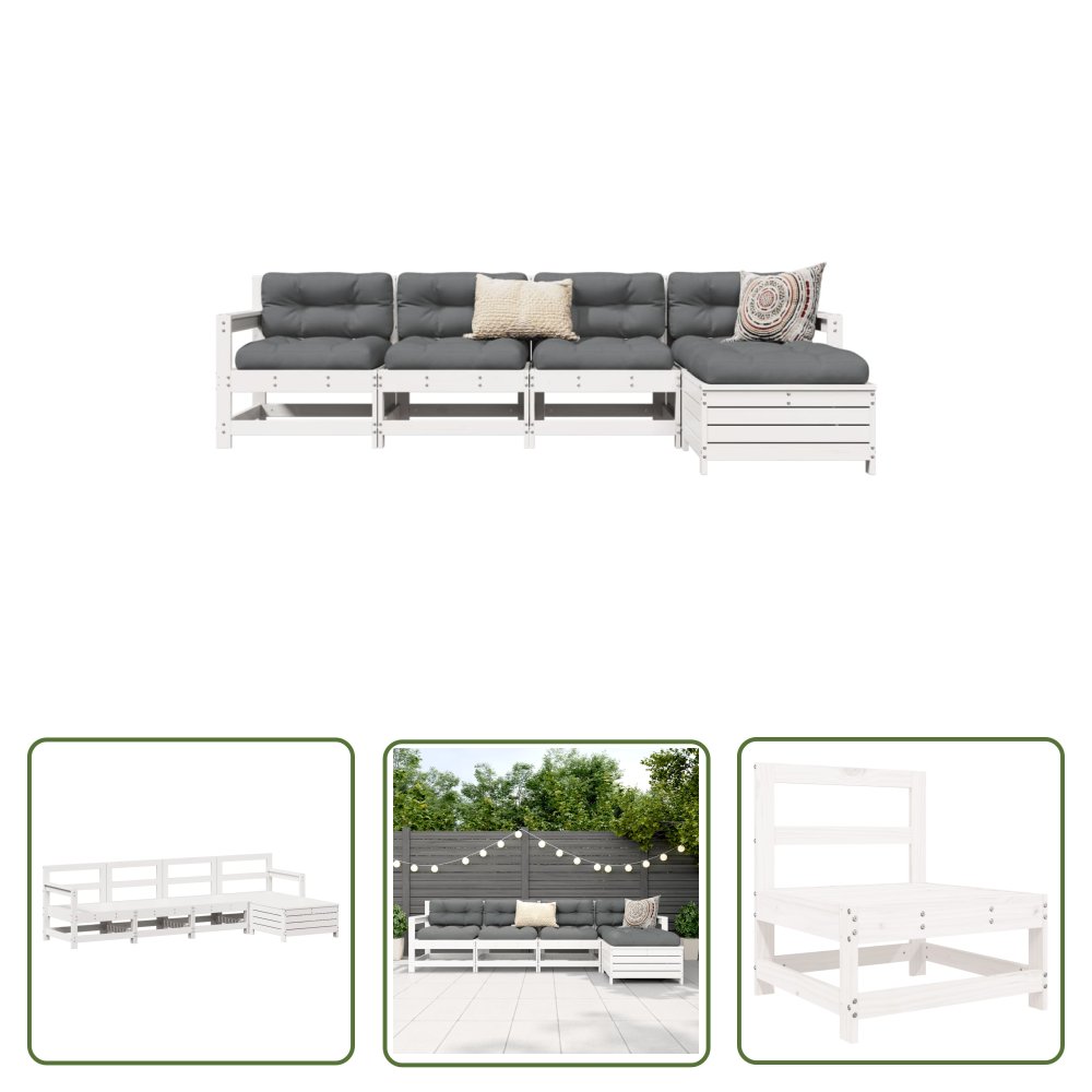 The Living Store 5-cz. zestaw mebli ogrodowych - biały - lite drewno sosnowe - Zestaw Wypoczynkowy Do Ogrodu