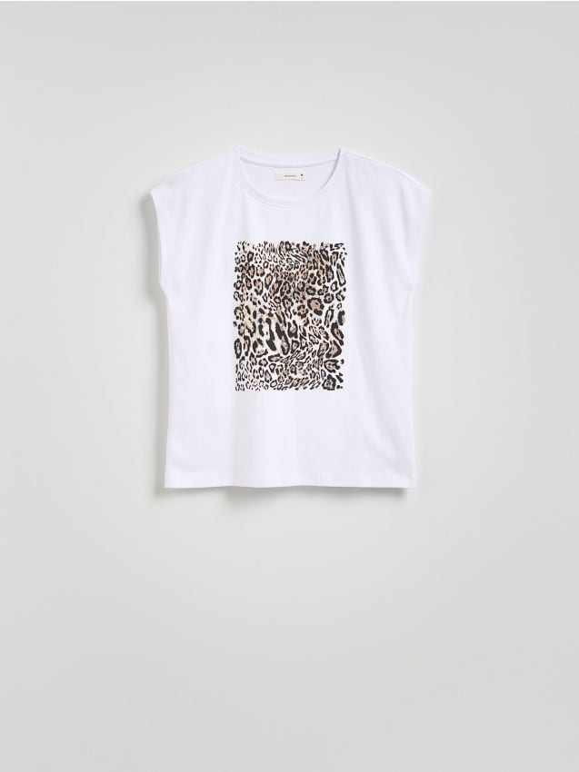 Reserved - T-shirt z nadrukiem w panterkę - biały