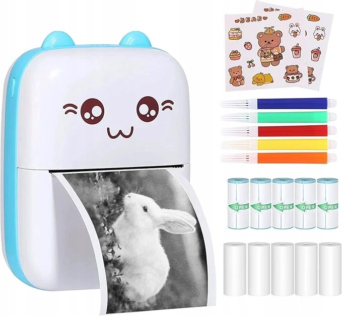 MINI DRUKARKA ETYKIET TERMICZNA PRZENOŚNA NIESKOŃCZONA+5 ROLEK 5 PISAKÓ5W