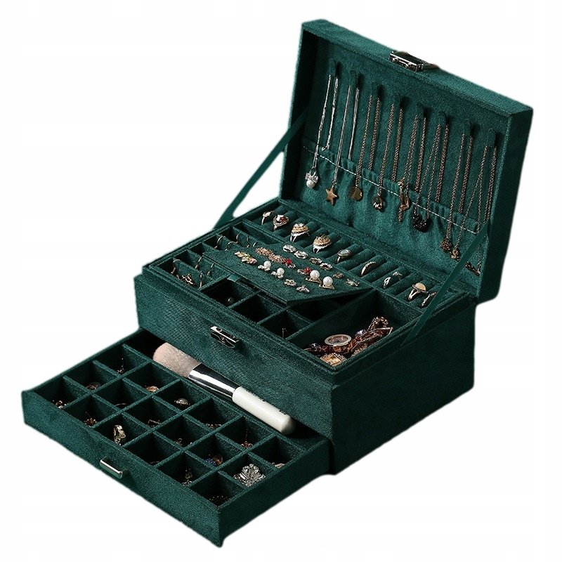 Szkatułka Kuferek Na Biżuterię Organizer Zielony Wielopoziomowe Szufladki