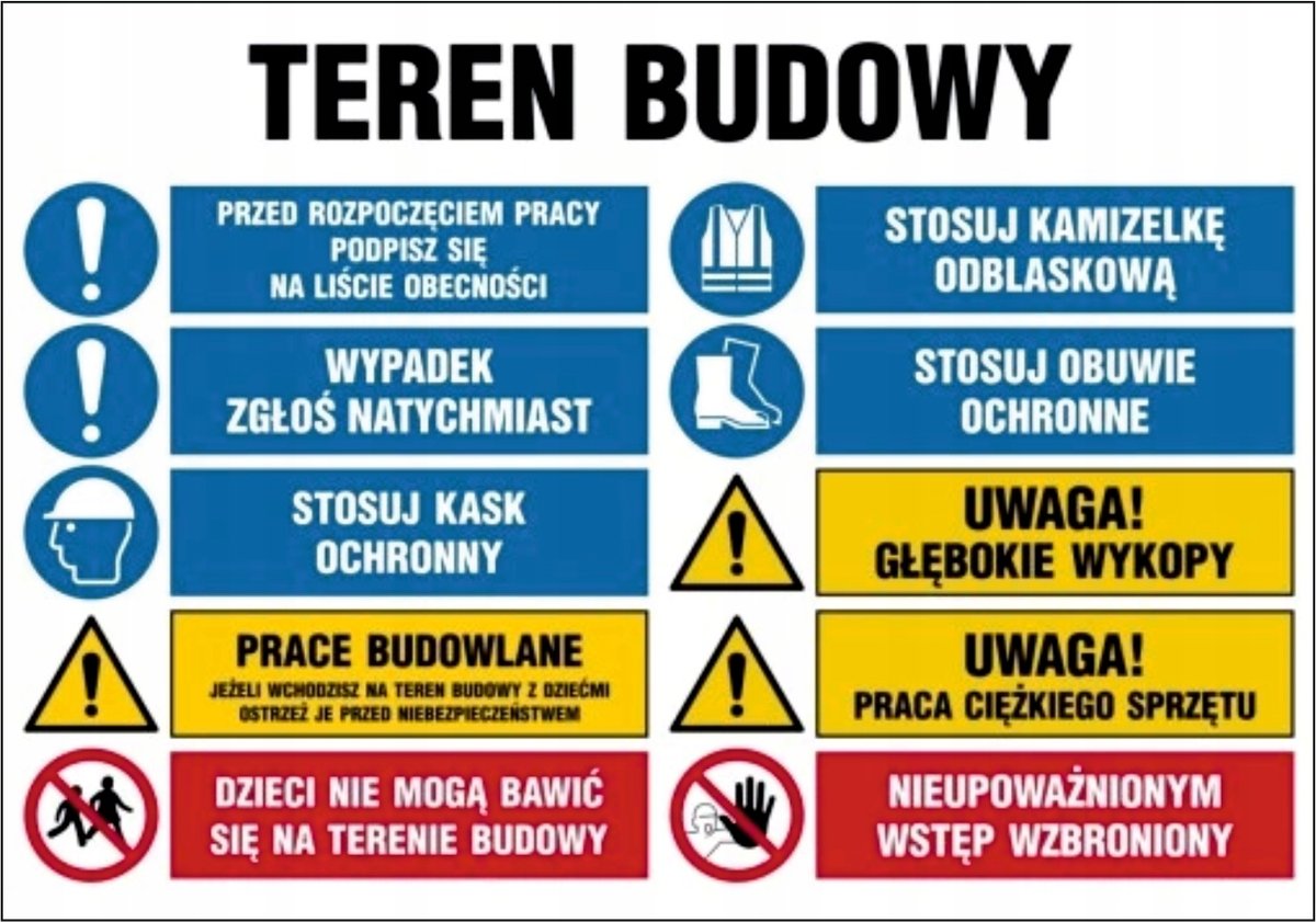 Tablica Teren budowy Stosuj kamizelkę Zgłoś wypadek 70x100cm PCV 5mm