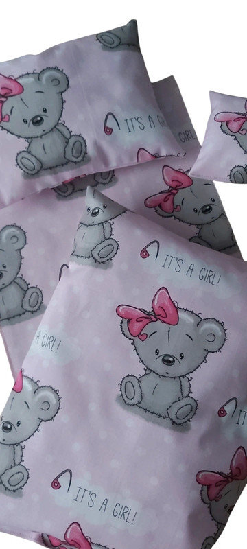 Pościel dla lalki do wózka łóżeczka kołyski 4 elementy miś misio misiu na różowym tle