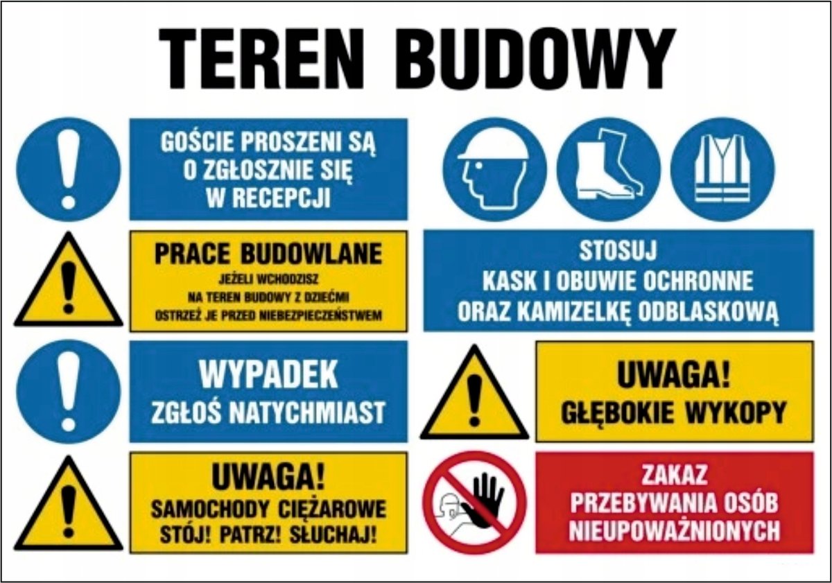 Tablica Teren budowy Prace budowlane Głębokie wykopy 70x100cm PCV 5mm